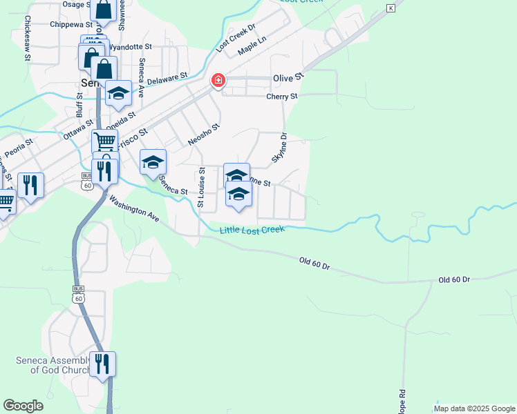 map of restaurants, bars, coffee shops, grocery stores, and more near 1815 Saint Eugene Street in Seneca