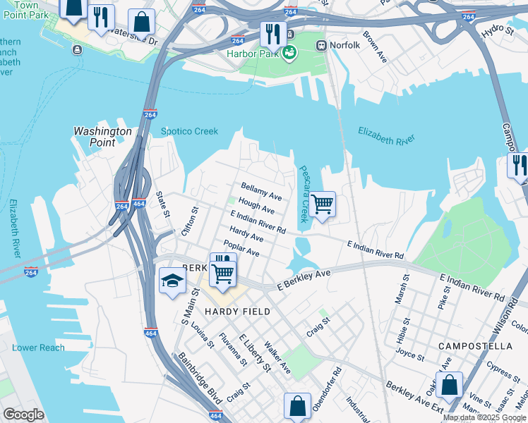 map of restaurants, bars, coffee shops, grocery stores, and more near 209 Hough Avenue in Norfolk