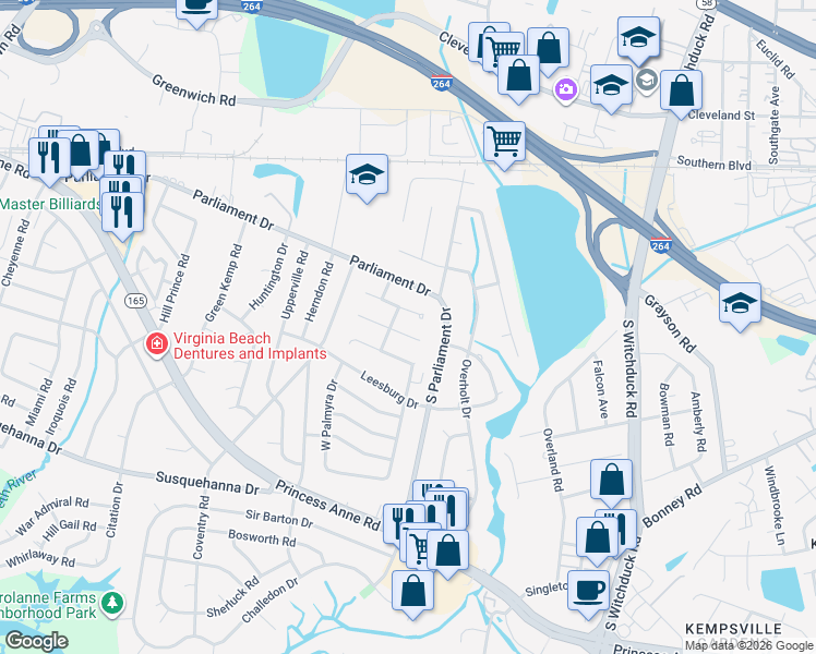 map of restaurants, bars, coffee shops, grocery stores, and more near 5322 Leicester Court in Virginia Beach