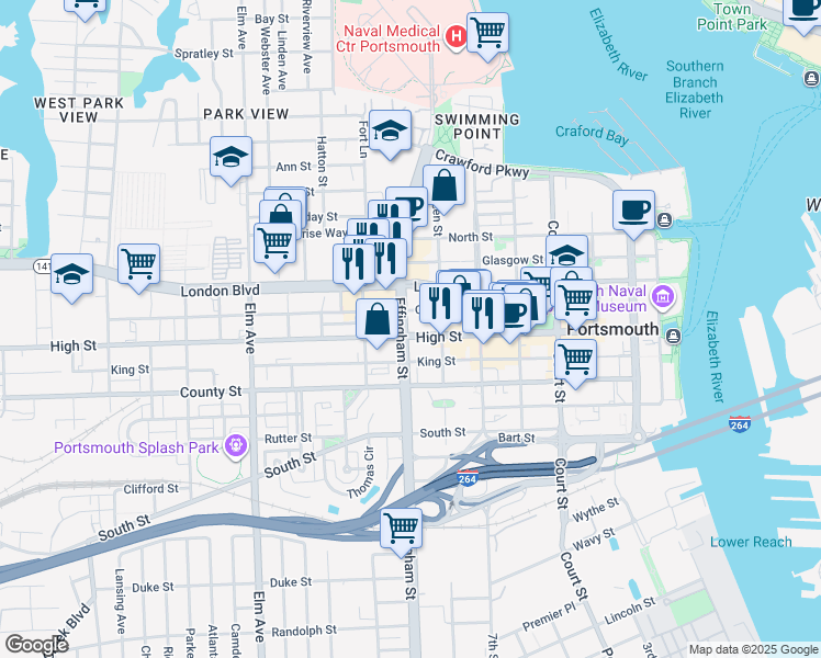 map of restaurants, bars, coffee shops, grocery stores, and more near 726 High Street in Portsmouth
