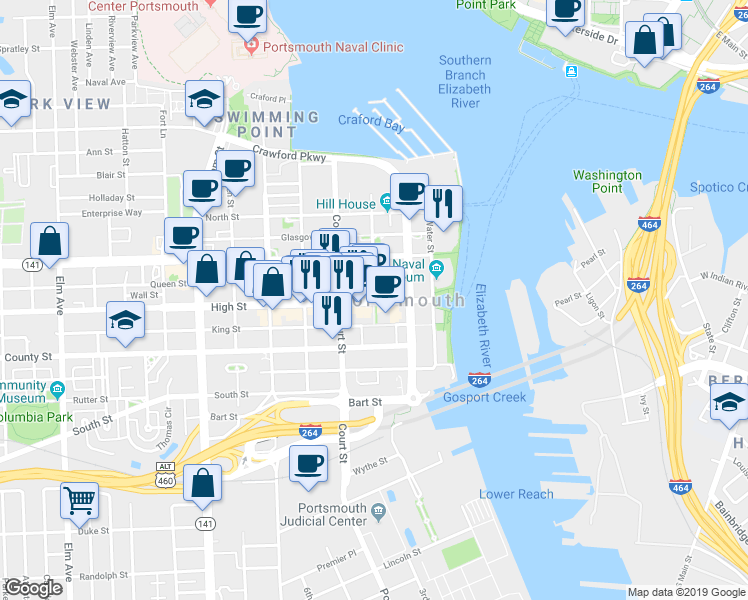map of restaurants, bars, coffee shops, grocery stores, and more near 760 Middle Street in Portsmouth