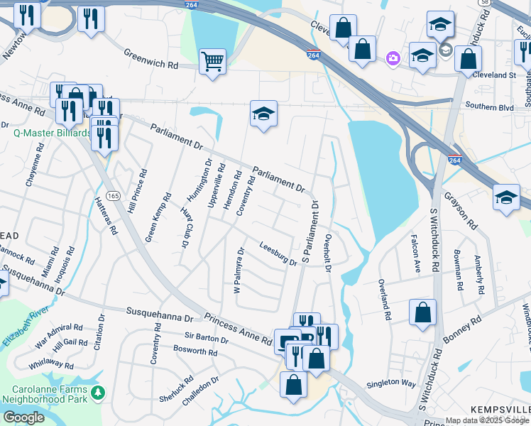 map of restaurants, bars, coffee shops, grocery stores, and more near 5361 Leicester Court in Virginia Beach