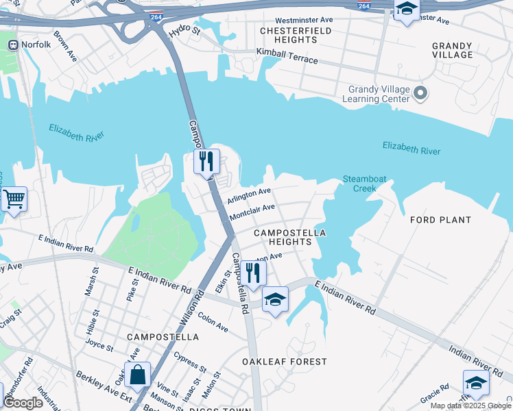 map of restaurants, bars, coffee shops, grocery stores, and more near 1806 Montclair Avenue in Norfolk