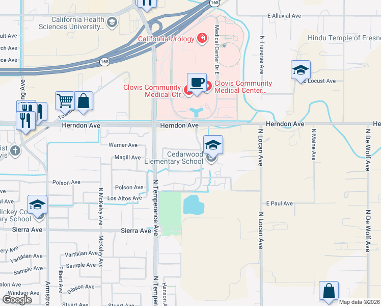 map of restaurants, bars, coffee shops, grocery stores, and more near 2732 Fremont Avenue in Clovis