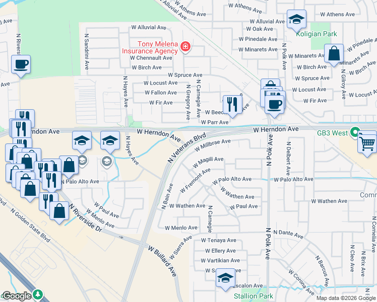 map of restaurants, bars, coffee shops, grocery stores, and more near 5854 West Millbrae Avenue in Fresno