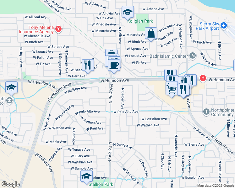 map of restaurants, bars, coffee shops, grocery stores, and more near 5430 West Palo Alto Avenue in Fresno