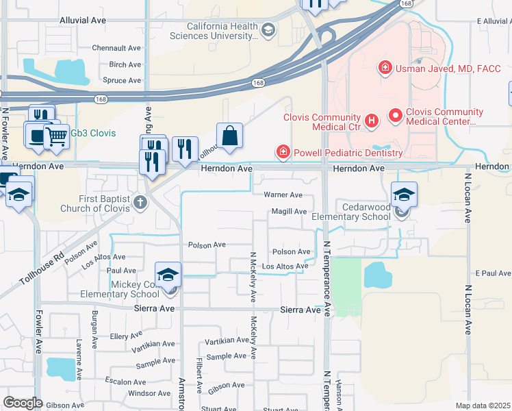 map of restaurants, bars, coffee shops, grocery stores, and more near 285 North McKelvy Avenue in Clovis