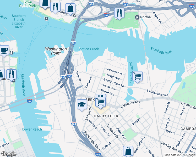 map of restaurants, bars, coffee shops, grocery stores, and more near 107 West Indian River Road in Norfolk
