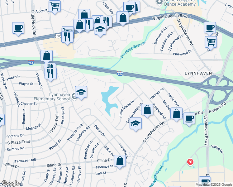 map of restaurants, bars, coffee shops, grocery stores, and more near 3028 Birch Bark Drive in Virginia Beach