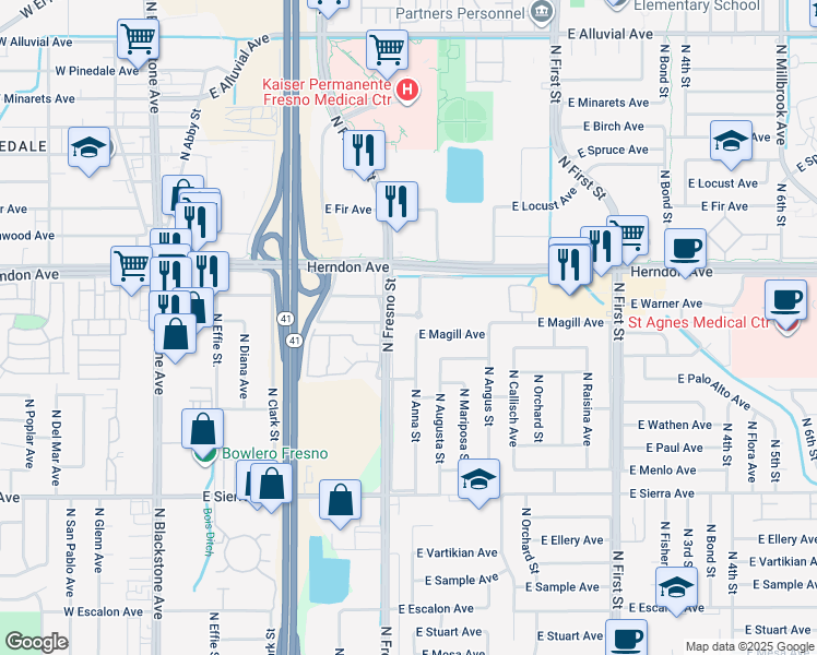 map of restaurants, bars, coffee shops, grocery stores, and more near 6694 North Fresno Street in Fresno