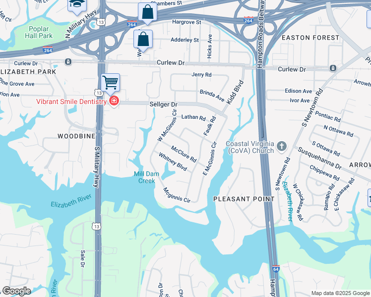 map of restaurants, bars, coffee shops, grocery stores, and more near 5935 Oetjen Boulevard in Norfolk
