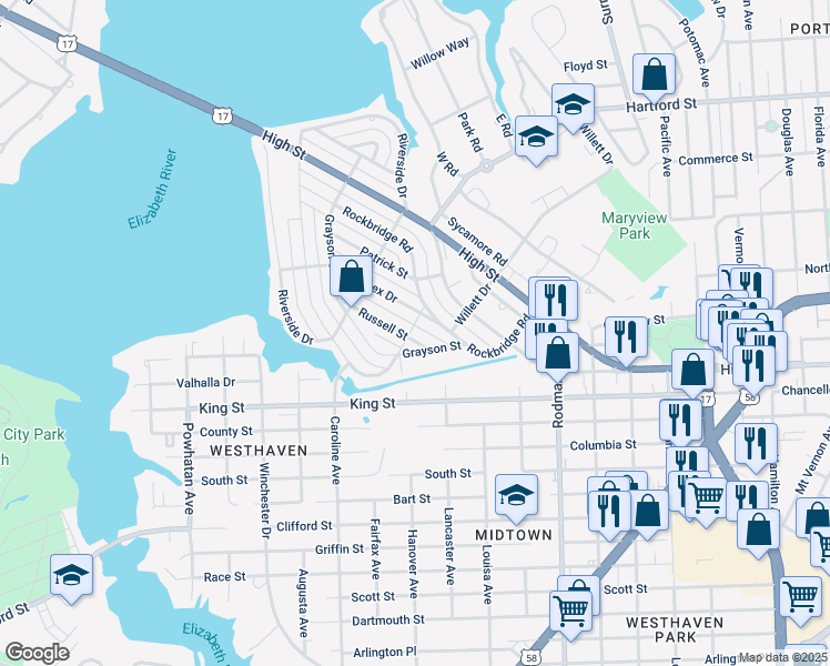 map of restaurants, bars, coffee shops, grocery stores, and more near 314 Russell Street in Portsmouth