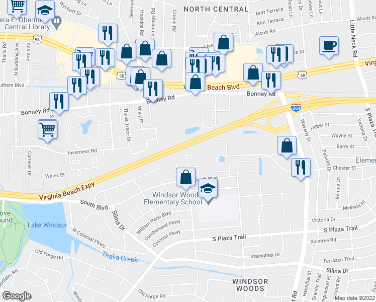 map of restaurants, bars, coffee shops, grocery stores, and more near 3728 Palace Place in Virginia Beach