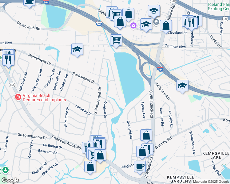 map of restaurants, bars, coffee shops, grocery stores, and more near 212 Overholt Drive in Virginia Beach