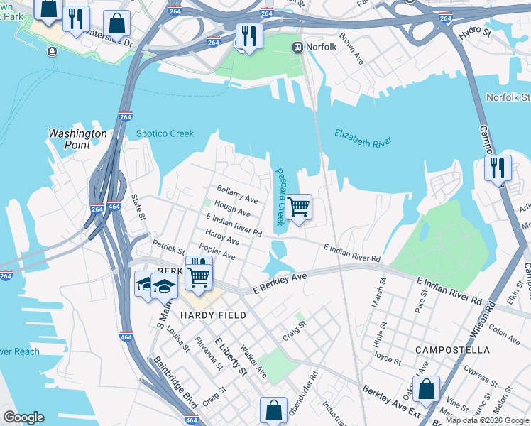 map of restaurants, bars, coffee shops, grocery stores, and more near 308 Fauquier Street in Norfolk