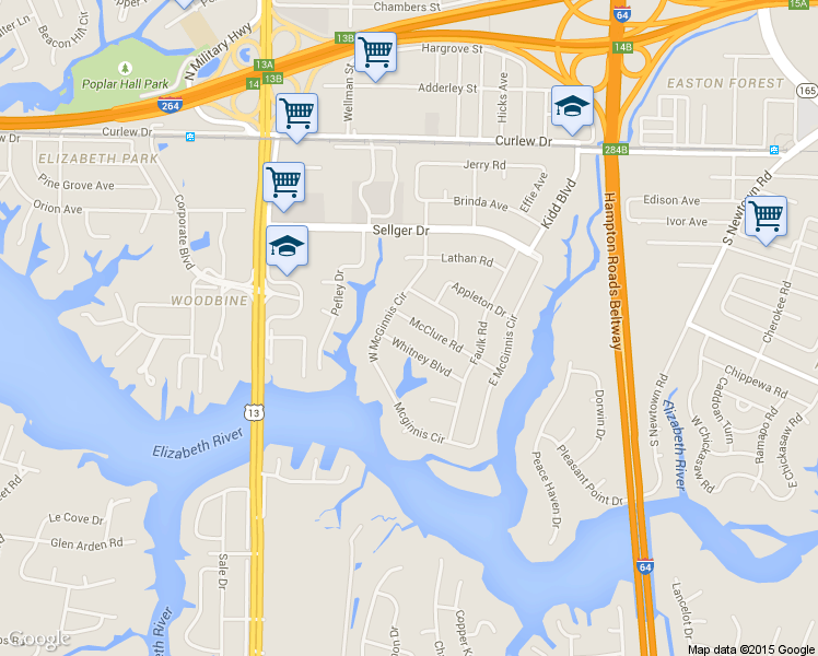map of restaurants, bars, coffee shops, grocery stores, and more near 5911 Mcclure Road in Norfolk