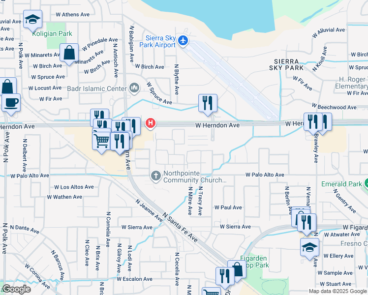 map of restaurants, bars, coffee shops, grocery stores, and more near 4536 West Palo Alto Avenue in Fresno