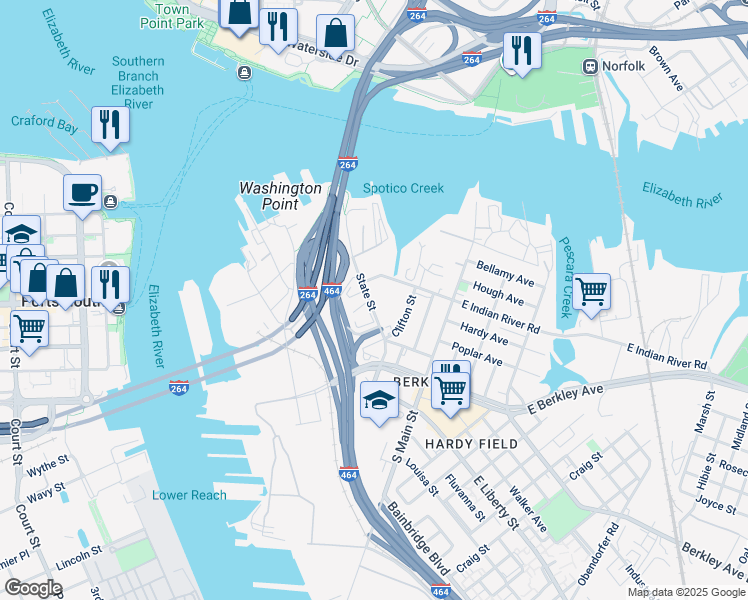 map of restaurants, bars, coffee shops, grocery stores, and more near 500 State Street in Norfolk