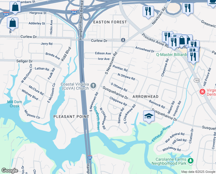 map of restaurants, bars, coffee shops, grocery stores, and more near 5824 Susquehanna Drive in Virginia Beach