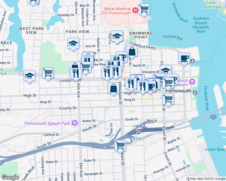 map of restaurants, bars, coffee shops, grocery stores, and more near 834 High Street in Portsmouth