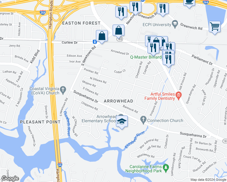 map of restaurants, bars, coffee shops, grocery stores, and more near 223 East Chickasaw Road in Virginia Beach