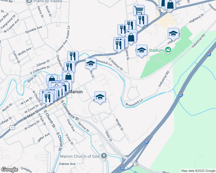 map of restaurants, bars, coffee shops, grocery stores, and more near 212 Locust Street in Marion