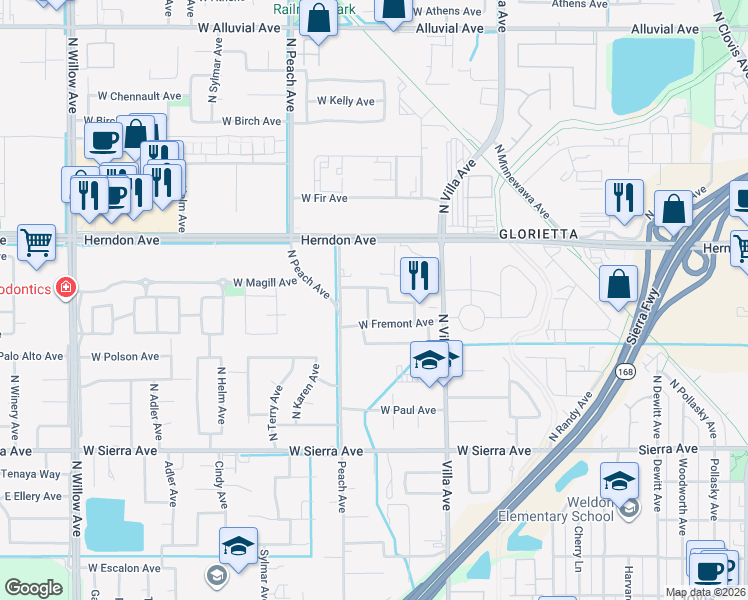 map of restaurants, bars, coffee shops, grocery stores, and more near 285 North Bush Avenue in Clovis