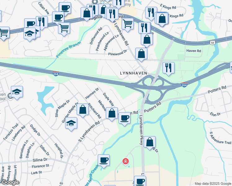 map of restaurants, bars, coffee shops, grocery stores, and more near 236 Gimbert Drive in Virginia Beach