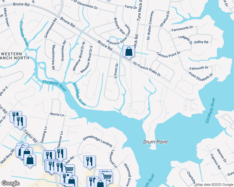 map of restaurants, bars, coffee shops, grocery stores, and more near 2901 East Point Drive in Chesapeake