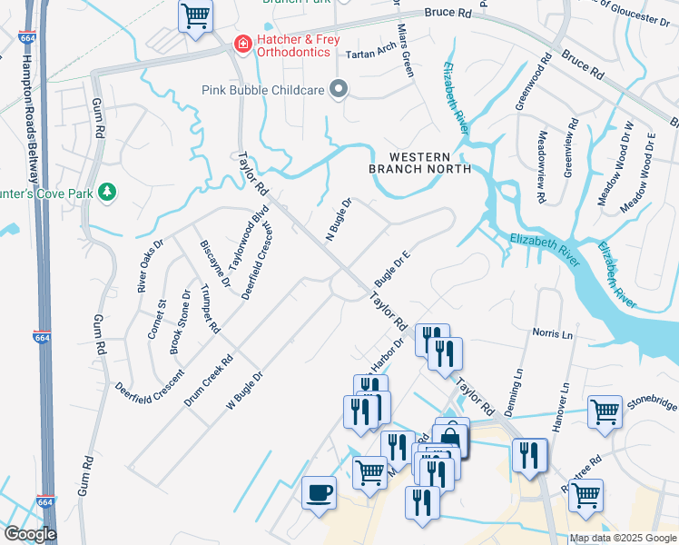 map of restaurants, bars, coffee shops, grocery stores, and more near 2916 Taylor Road in Chesapeake