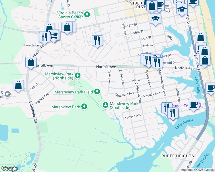 map of restaurants, bars, coffee shops, grocery stores, and more near 1000 Angler Lane in Virginia Beach