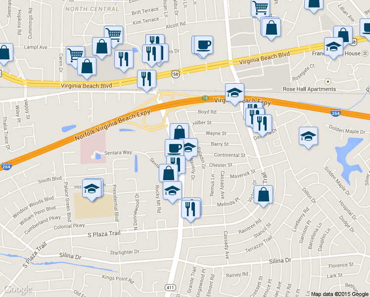 map of restaurants, bars, coffee shops, grocery stores, and more near 177 Waverly Drive in Virginia Beach