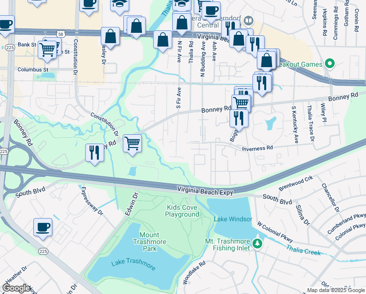 map of restaurants, bars, coffee shops, grocery stores, and more near 180 South Fir Avenue in Virginia Beach
