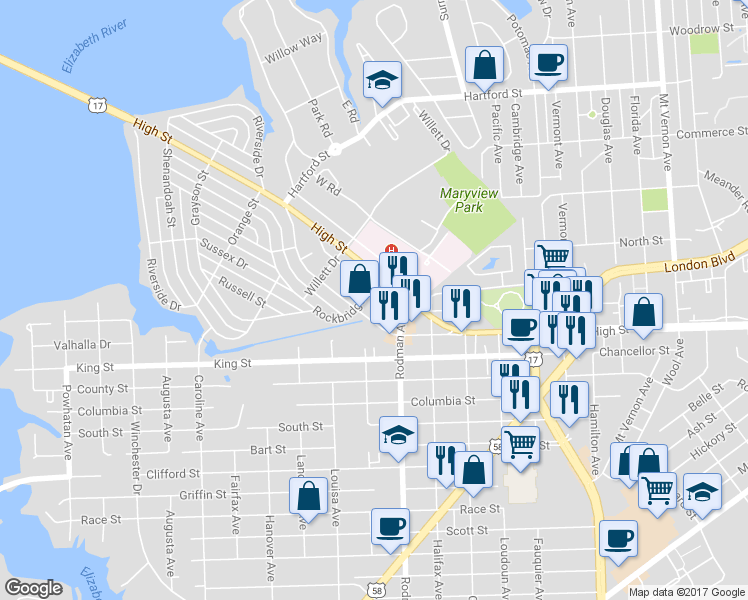 map of restaurants, bars, coffee shops, grocery stores, and more near 3617 Princeton Place in Portsmouth