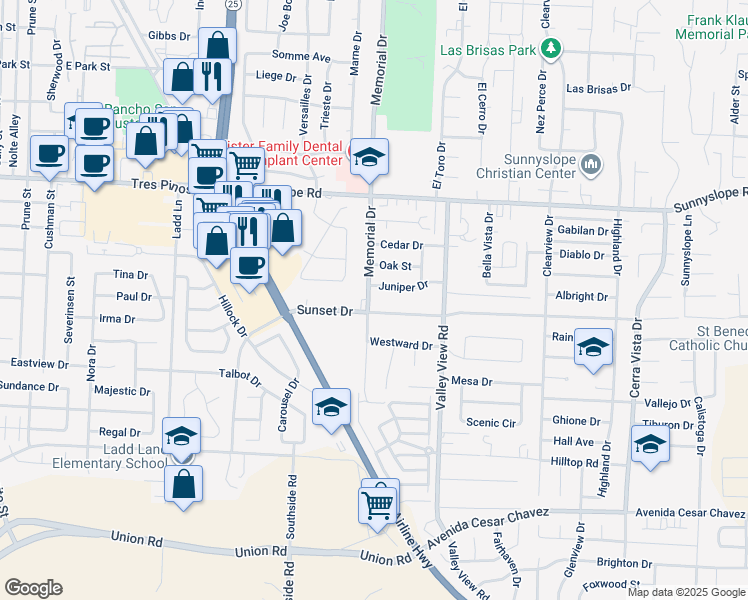 map of restaurants, bars, coffee shops, grocery stores, and more near 1711 Memorial Drive in Hollister