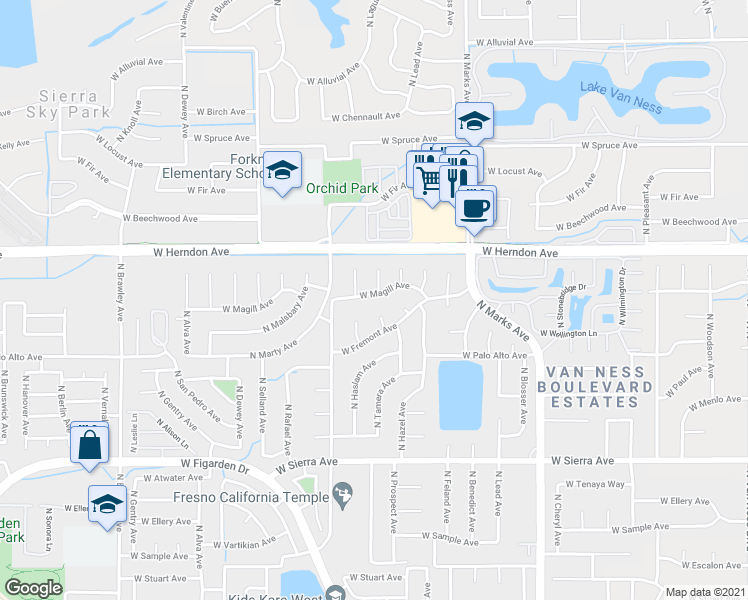 map of restaurants, bars, coffee shops, grocery stores, and more near 3315 West Magill Avenue in Fresno
