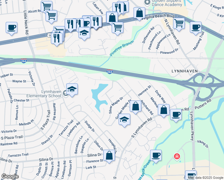 map of restaurants, bars, coffee shops, grocery stores, and more near 3008 Balsam Pine Court in Virginia Beach