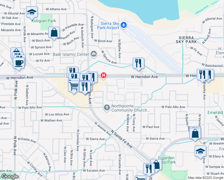 map of restaurants, bars, coffee shops, grocery stores, and more near 4576 West Palo Alto Avenue in Fresno