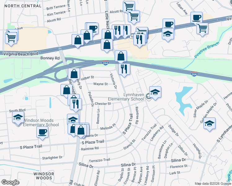map of restaurants, bars, coffee shops, grocery stores, and more near 3509 Barry Street in Virginia Beach