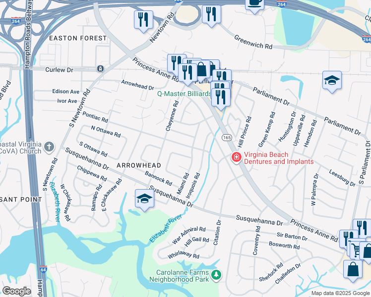 map of restaurants, bars, coffee shops, grocery stores, and more near 5605 Pontiac Road in Virginia Beach