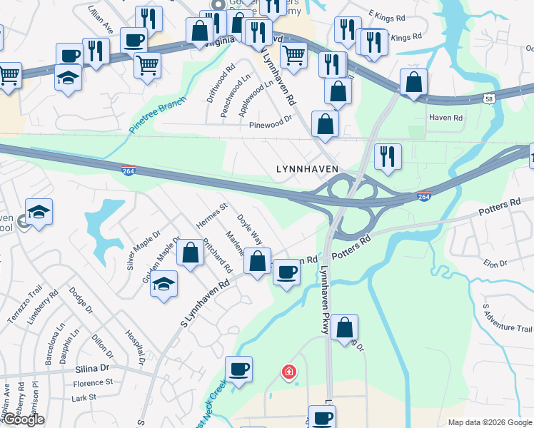 map of restaurants, bars, coffee shops, grocery stores, and more near 236 Gimbert Drive in Virginia Beach