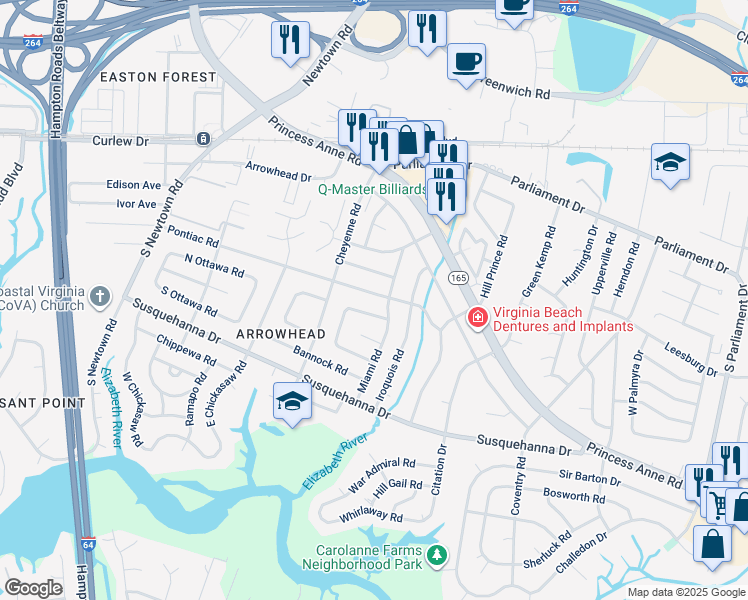 map of restaurants, bars, coffee shops, grocery stores, and more near 5605 Pontiac Road in Virginia Beach