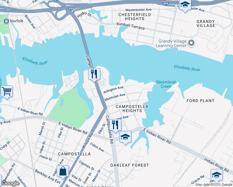 map of restaurants, bars, coffee shops, grocery stores, and more near 1806 Montclair Avenue in Norfolk