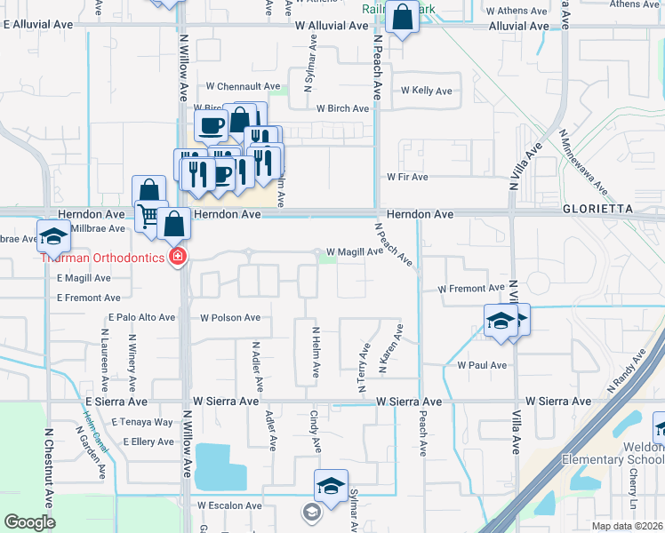 map of restaurants, bars, coffee shops, grocery stores, and more near 278 North Cindy Avenue in Clovis