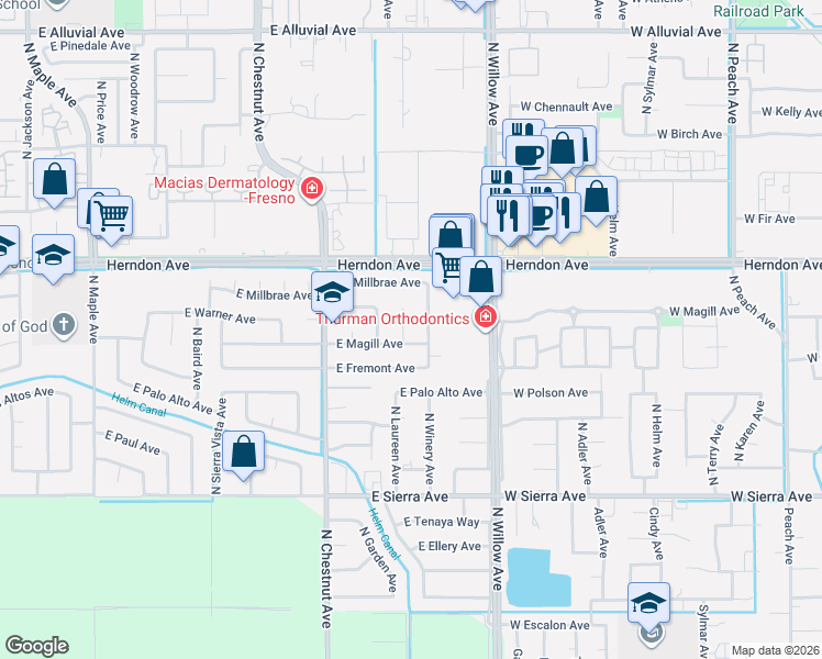 map of restaurants, bars, coffee shops, grocery stores, and more near 6820 North Laureen Avenue in Fresno