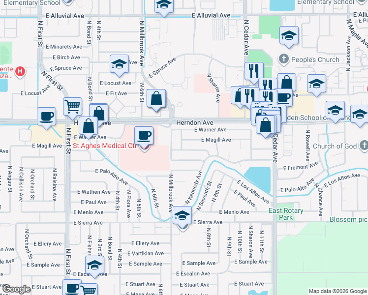 map of restaurants, bars, coffee shops, grocery stores, and more near 1480 East Fremont Avenue in Fresno