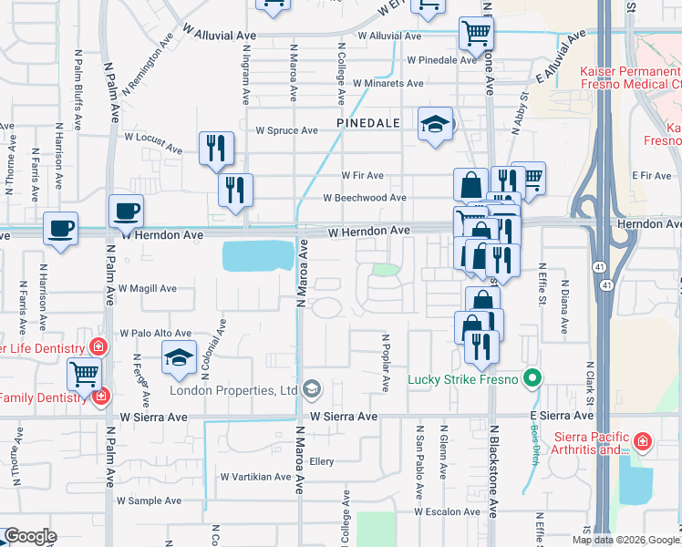 map of restaurants, bars, coffee shops, grocery stores, and more near 6650 North Maroa Avenue in Fresno
