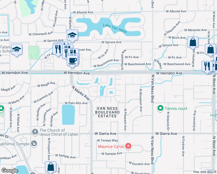 map of restaurants, bars, coffee shops, grocery stores, and more near 6695 North Seedlescombe Drive in Fresno