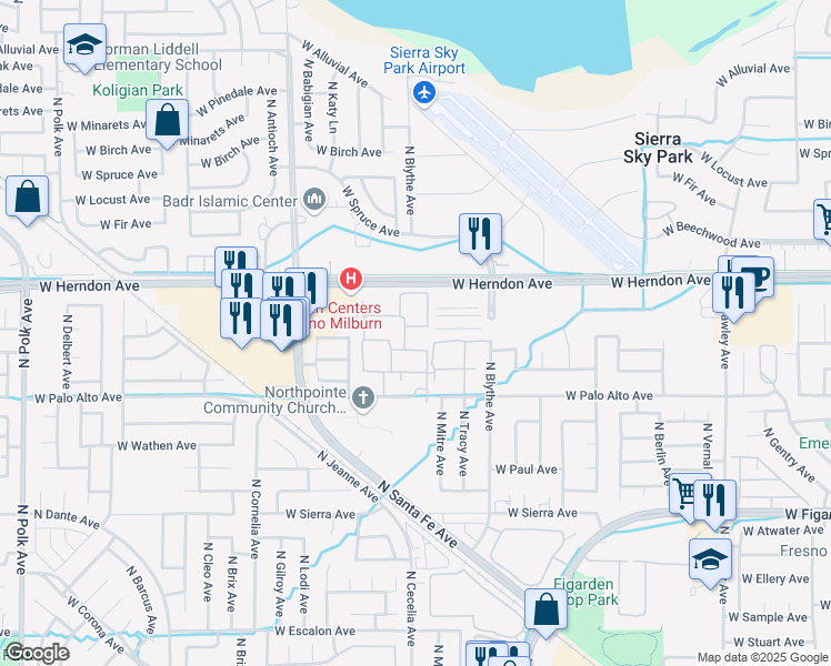 map of restaurants, bars, coffee shops, grocery stores, and more near 4536 West Palo Alto Avenue in Fresno