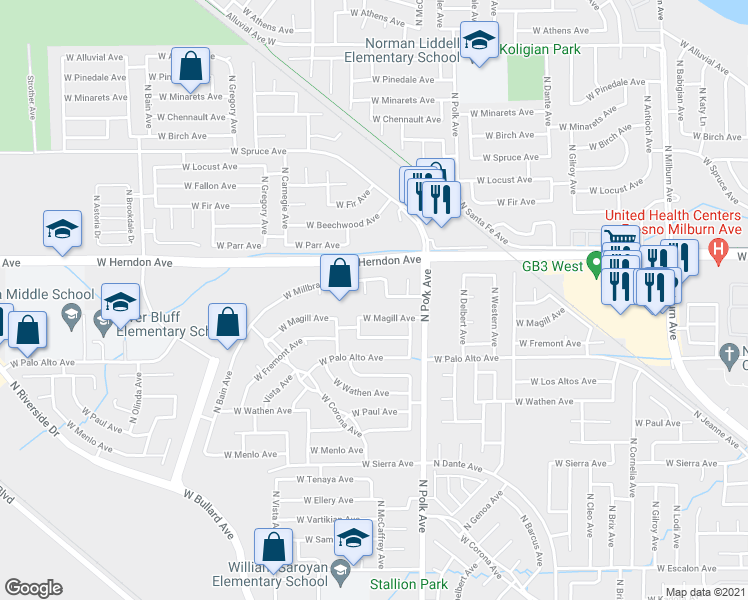 map of restaurants, bars, coffee shops, grocery stores, and more near 6701 North Lola Avenue in Fresno